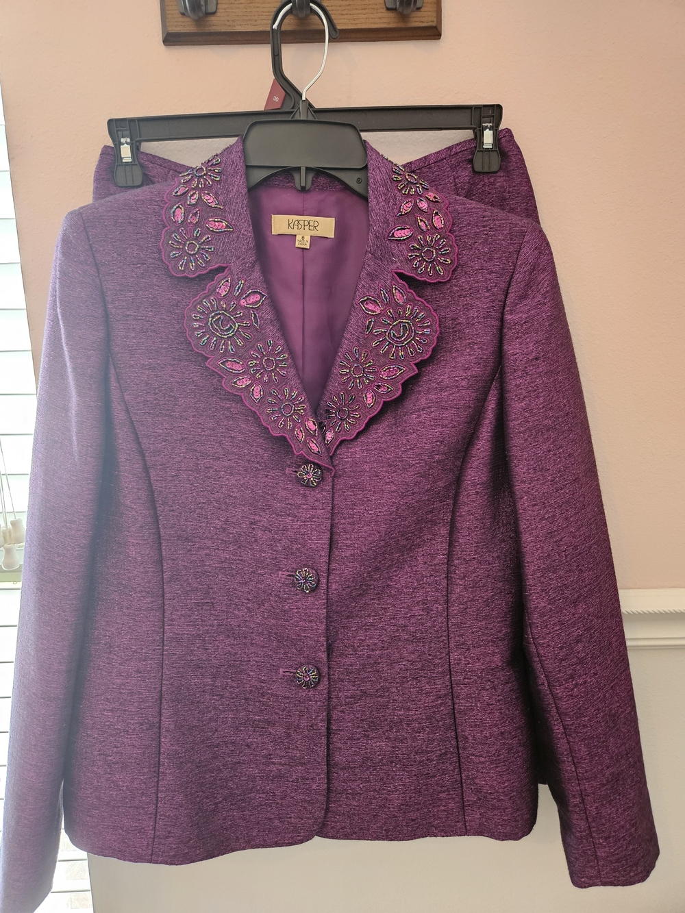 Kasper 2 Piece  Women's Purple Suit With Beaded Collar And Buttons